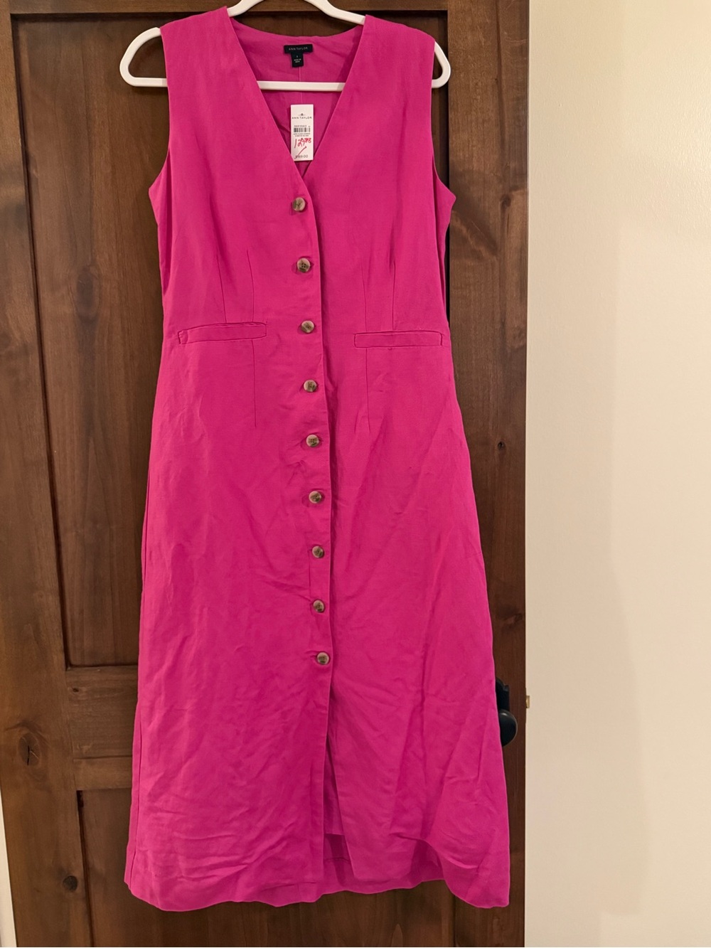 Ann Taylor Sleeveless Button-Front Hot Pink Dress